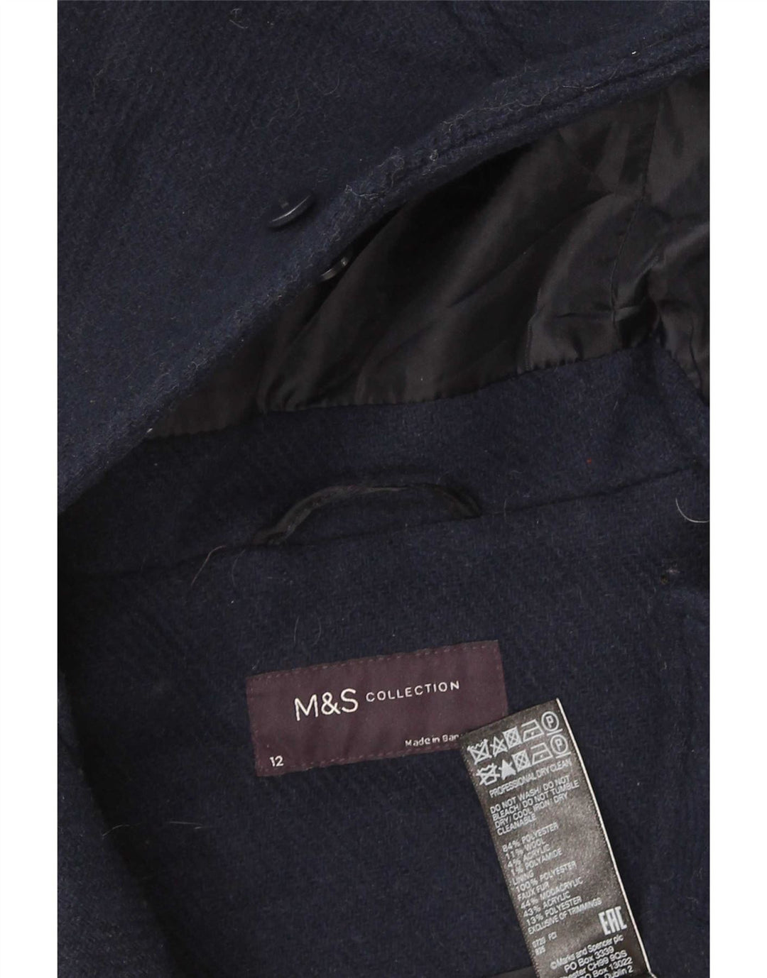 Marks & Spencer Womens Hooded Duffle Coat UK 12 Medium Navy Blue Polyester