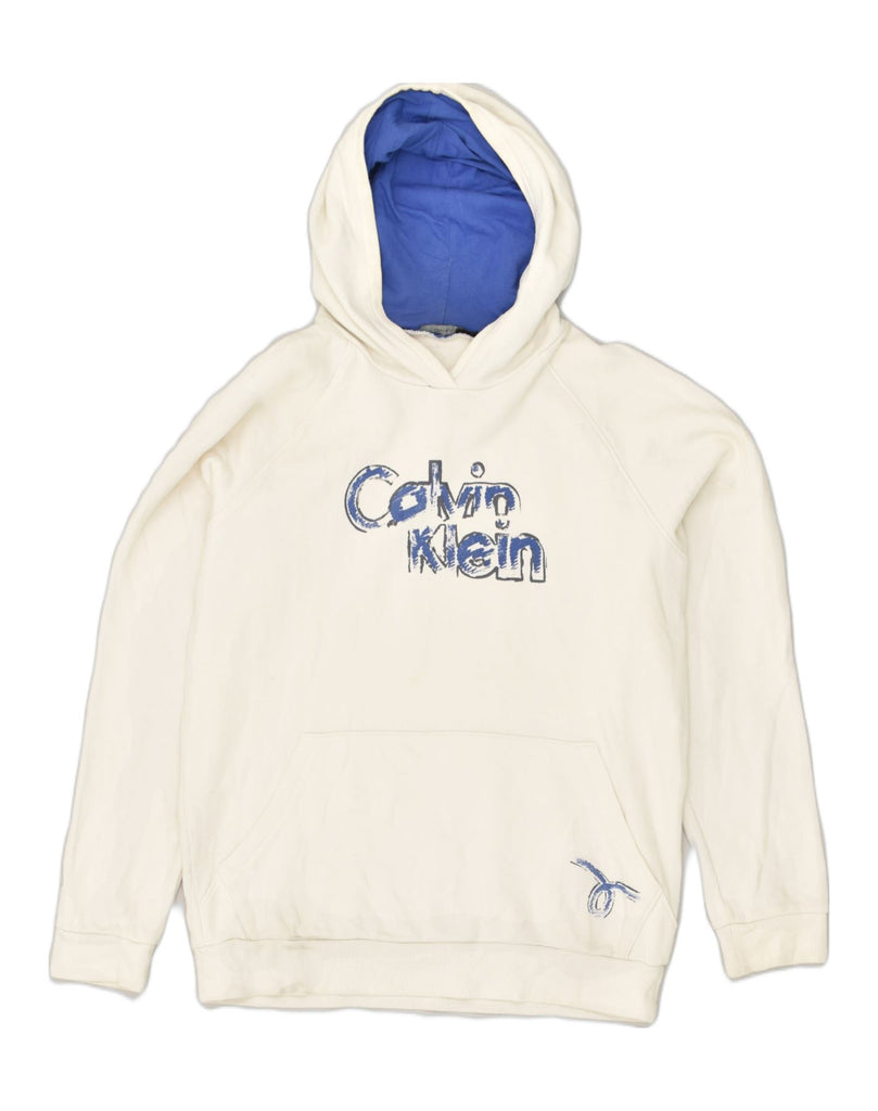 CALVIN KLEIN Womens Graphic Hoodie Jumper UK 16 Large White Cotton | Vintage Calvin Klein | Thrift | Second-Hand Calvin Klein | Used Clothing | Messina Hembry 