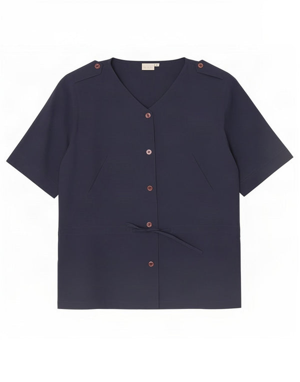 Andrea Mare Womens Short Sleeve Shirt Blouse UK 14 Medium Navy Blue Silk