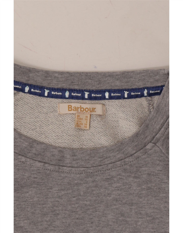 BARBOUR Womens Graphic Sweatshirt Jumper UK 10 Small  Grey Cotton Winter Vintage Barbour and Second-Hand Barbour from Messina Hembry 