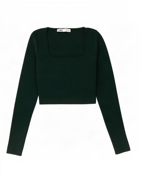 Zara Womens Crop Top Long Sleeve UK 8 Small Green
