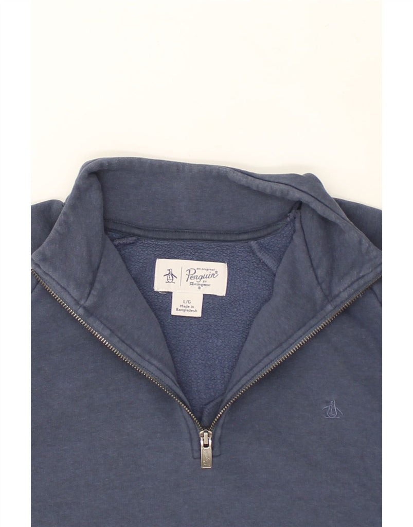 PENGUIN Mens Zip Neck Sweatshirt Jumper Large Navy Blue Cotton | Vintage Penguin | Thrift | Second-Hand Penguin | Used Clothing | Messina Hembry 