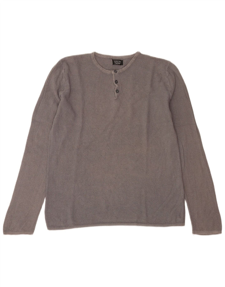Zara Mens Button Neck Jumper Sweater Large Grey