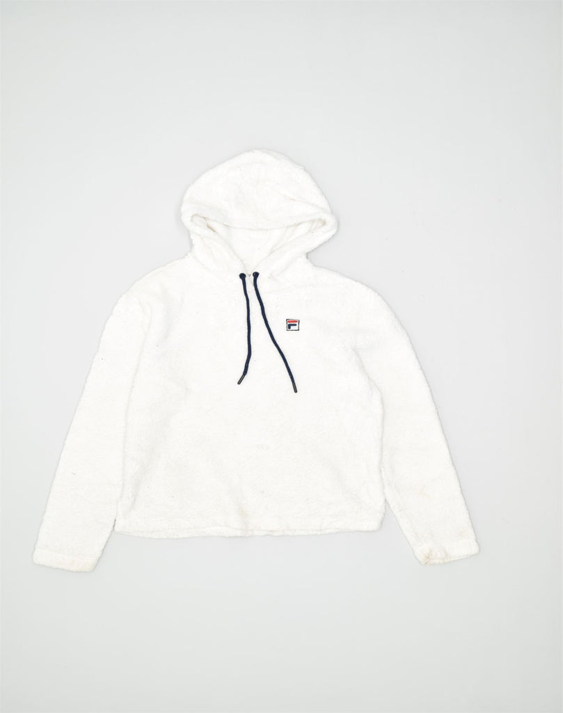 FILA Womens Oversized Fleece Hoodie Jumper UK 10 Small White Cotton | Vintage | Thrift | Second-Hand | Used Clothing | Messina Hembry 