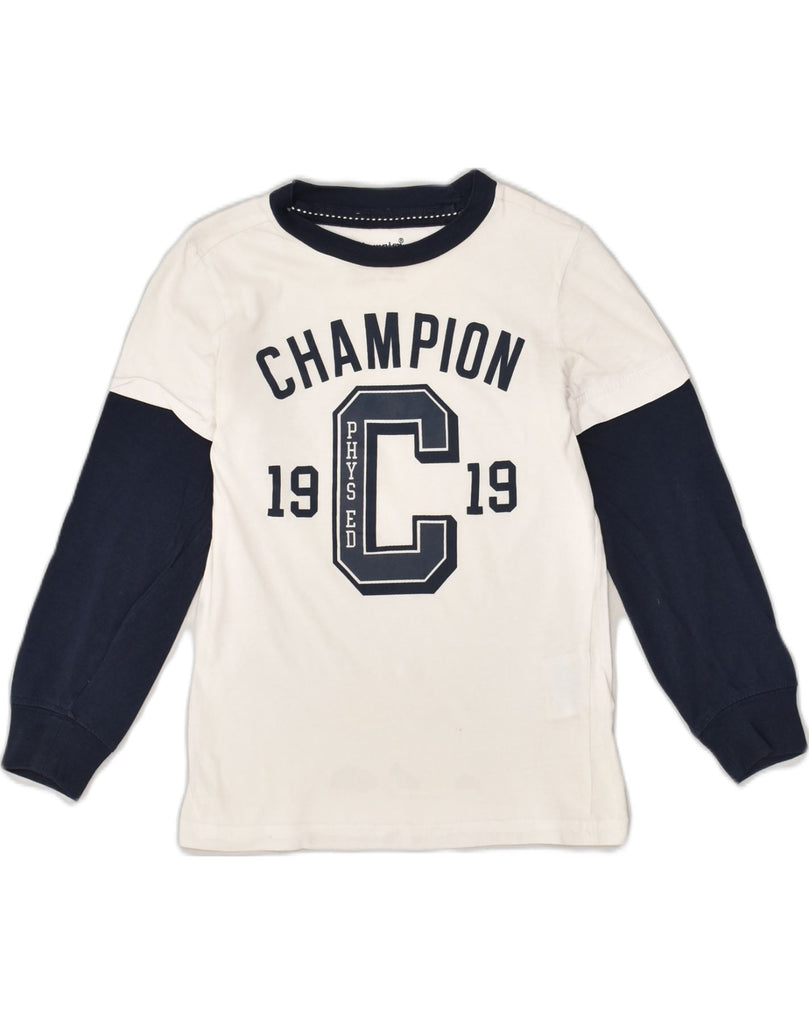 CHAMPION Boys Graphic Top Long Sleeve 5-6 Years XS White Colourblock | Vintage Champion | Thrift | Second-Hand Champion | Used Clothing | Messina Hembry 