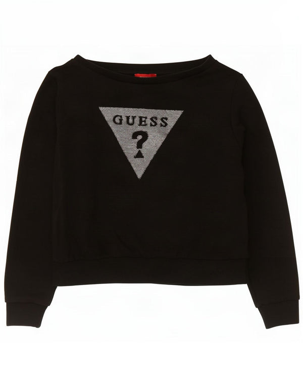 Guess Womens Crop Graphic Sweatshirt Jumper UK 14 Medium Black Cotton