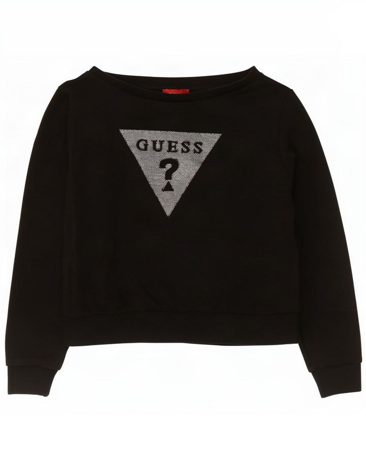 Guess Womens Crop Graphic Sweatshirt Jumper UK 14 Medium Black Cotton