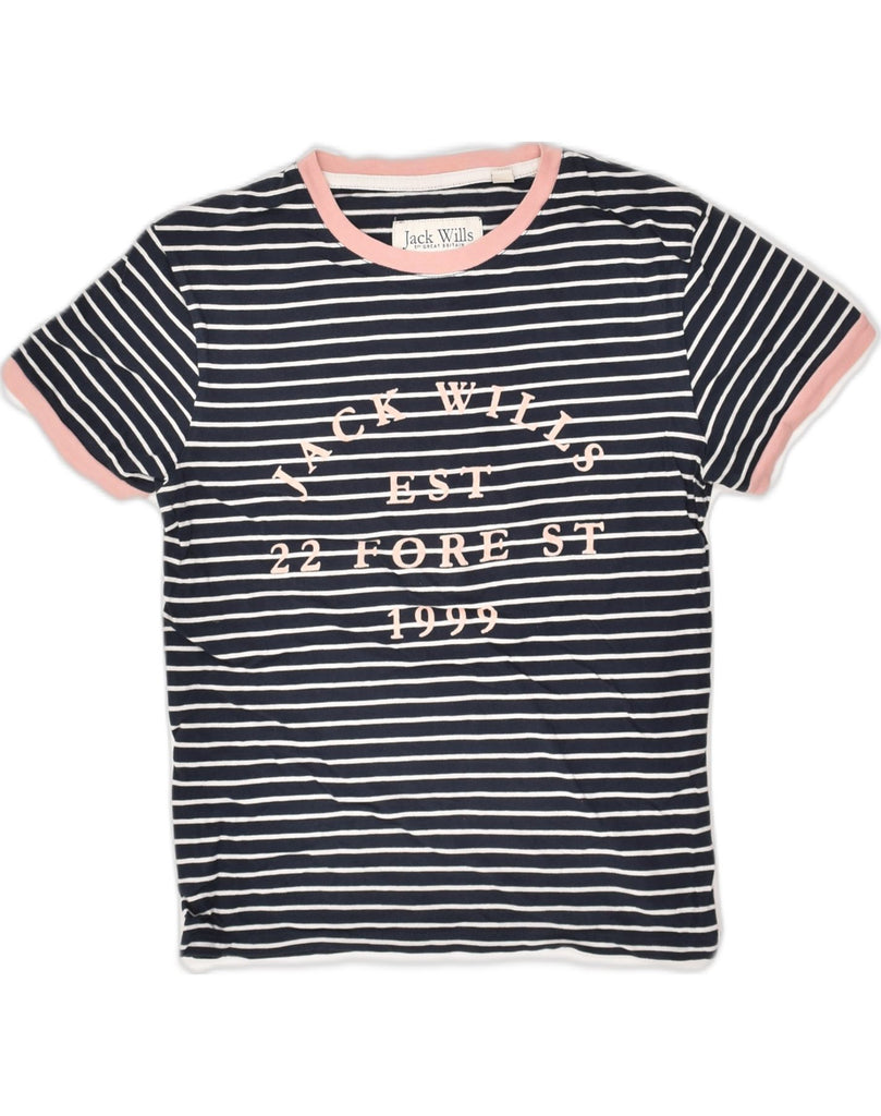 JACK WILLS Womens Graphic T-Shirt Top UK 8 Small Navy Blue Striped Cotton | Vintage Jack Wills | Thrift | Second-Hand Jack Wills | Used Clothing | Messina Hembry 