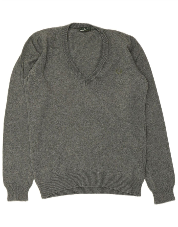Fred Perry Womens V-Neck Jumper Sweater UK 12 Medium Grey Wool