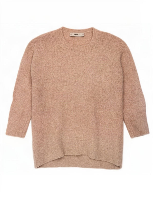 Zara Womens 3/4 Sleeve Crew Neck Jumper Sweater UK 14 Medium Beige