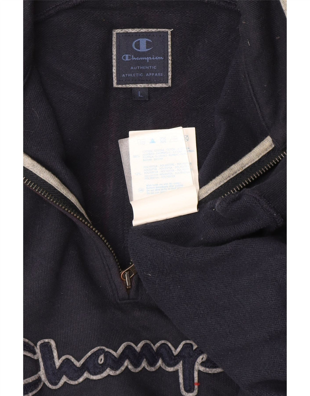 Champion Mens Graphic Zip Neck Sweatshirt Jumper Large Navy Blue Cotton