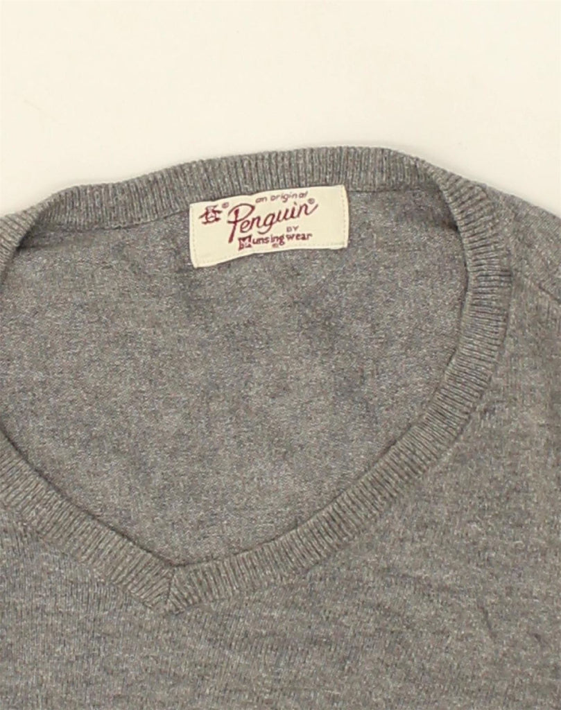 PENGUIN Mens V-Neck Jumper Sweater Medium Grey Cotton | Vintage Penguin | Thrift | Second-Hand Penguin | Used Clothing | Messina Hembry 