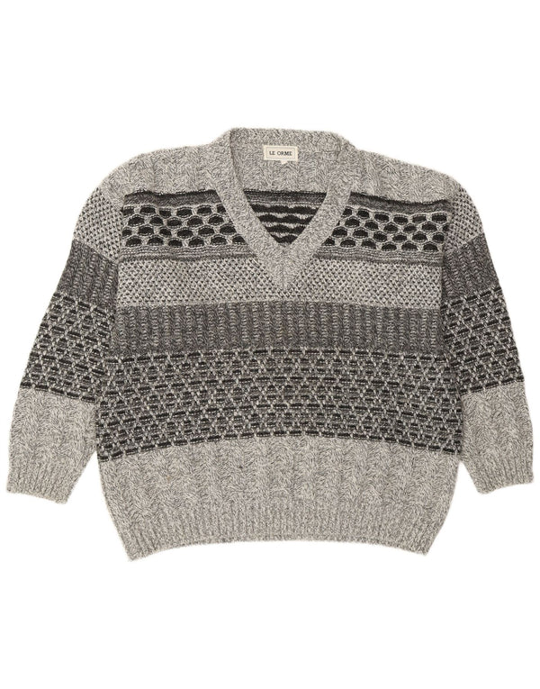 Vintage Mens V-Neck Jumper Sweater IT 54 XL Grey Geometric Acrylic