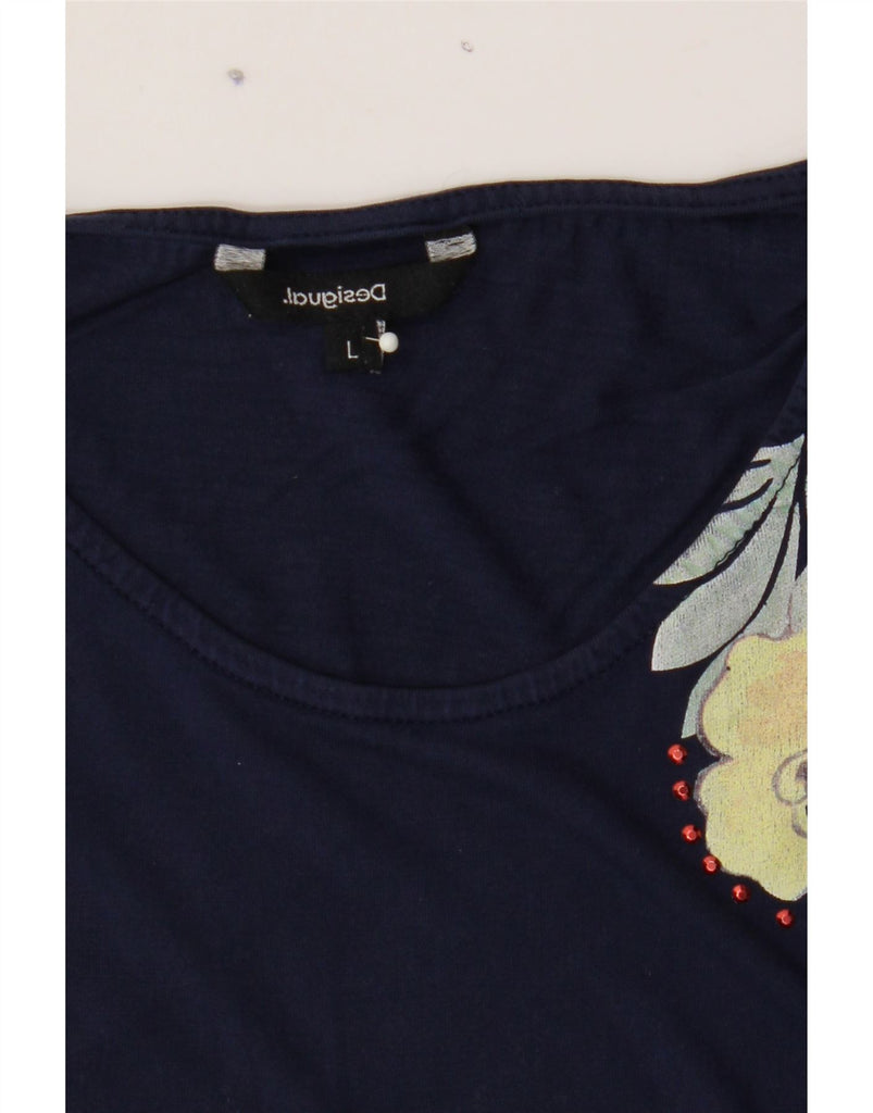 DESIGUAL Womens Blouse Top UK 16 Large Navy Blue Floral Viscose Vintage Desigual and Second-Hand Desigual from Messina Hembry 