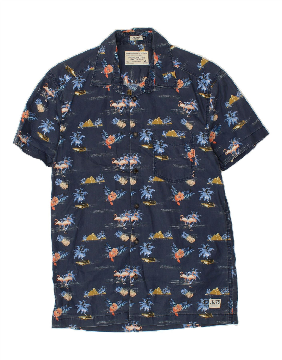 JACK & JONES Mens Short Sleeve Shirt Medium Navy Blue Floral Cotton Vintage Jack & Jones and Second-Hand Jack & Jones from Messina Hembry 
