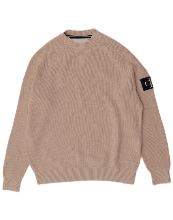 Calvin Klein Jeans Mens Crew Neck Jumper Sweater Small Beige Cotton