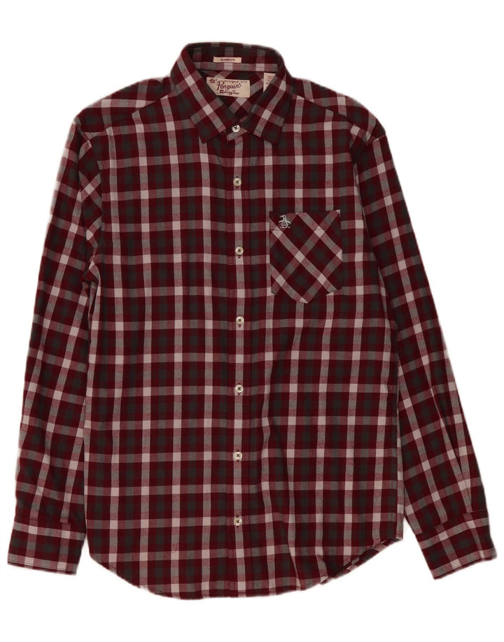 PENGUIN Mens Classic Fit Flannel Shirt Small Burgundy Check Cotton