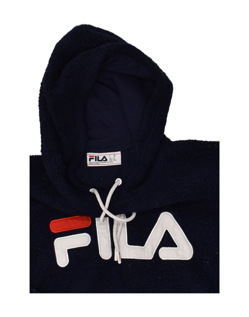 FILA Womens Graphic Hooded Fleece Jumper UK 14 Medium Navy Blue Polyester | Vintage Fila | Thrift | Second-Hand Fila | Used Clothing | Messina Hembry 