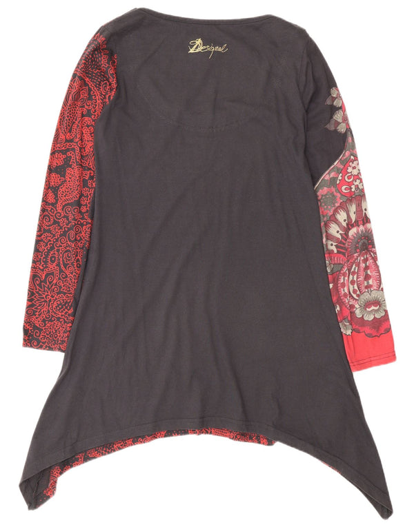 Desigual Womens Long Sleeve Asymmetric Tunic Top UK 12 Medium Grey Floral