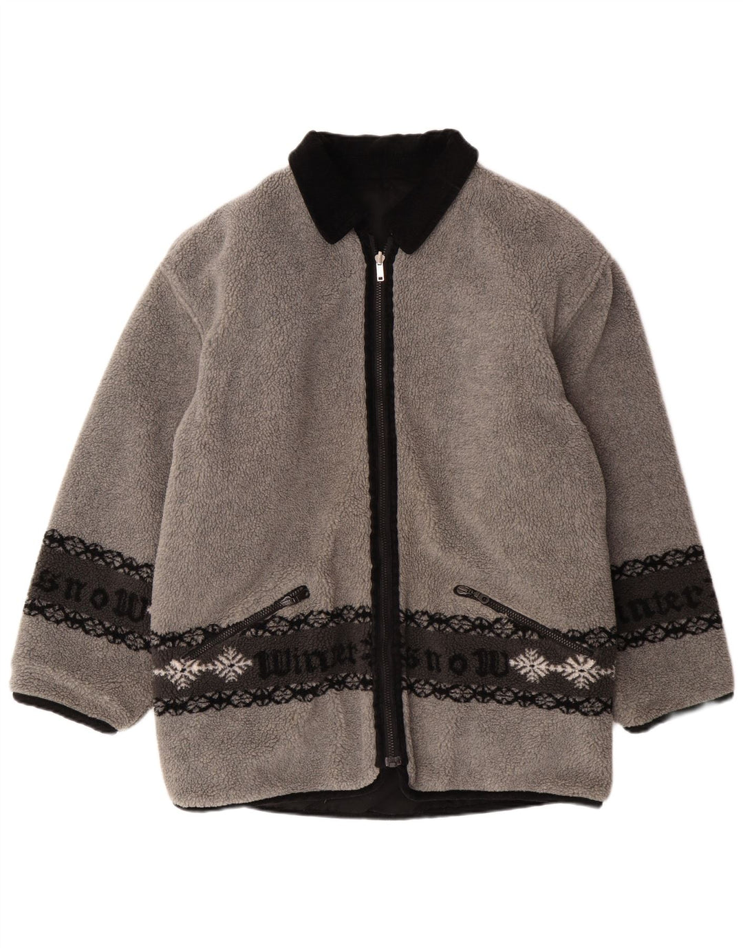 VINTAGE Mens Graphic Reversible Fleece Jacket UK 38 Medium Grey Fair Isle