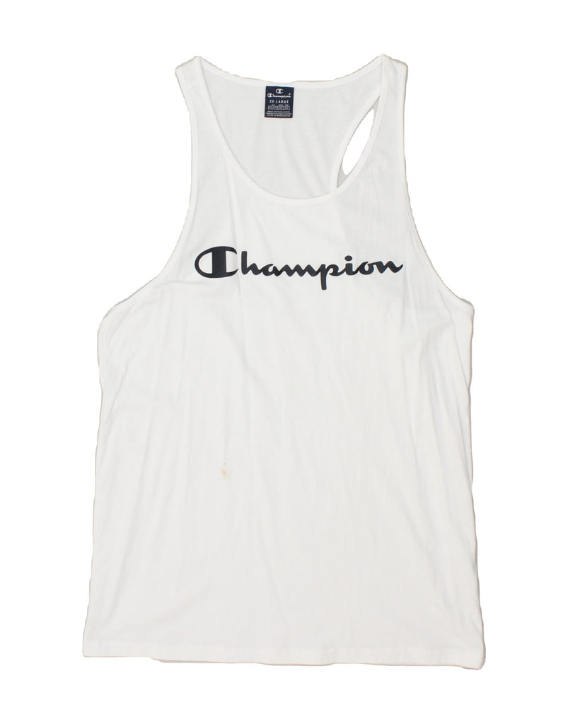 CHAMPION Mens Graphic Vest Top 2XL White Cotton | Vintage Champion | Thrift | Second-Hand Champion | Used Clothing | Messina Hembry 
