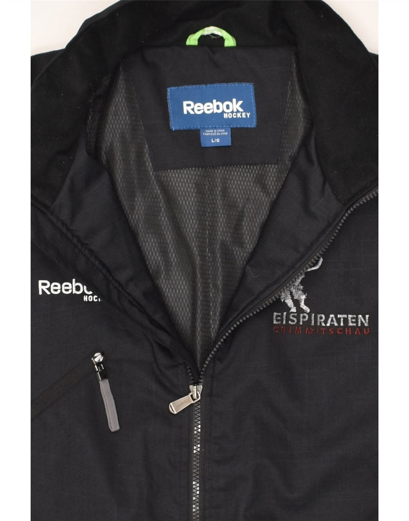 REEBOK Mens Hockey Graphic Tracksuit Top Jacket Large Black Polyester | Vintage Reebok | Thrift | Second-Hand Reebok | Used Clothing | Messina Hembry 