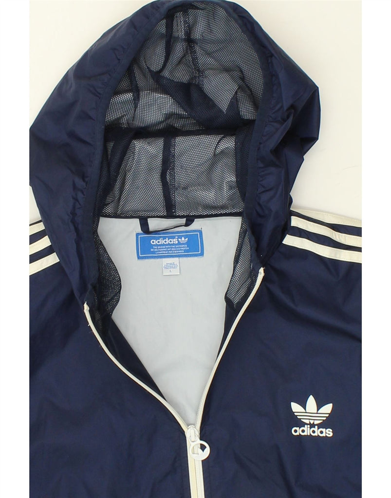 ADIDAS Mens Hooded Rain Jacket UK 40 Large Navy Blue Polyamide | Vintage Adidas | Thrift | Second-Hand Adidas | Used Clothing | Messina Hembry 