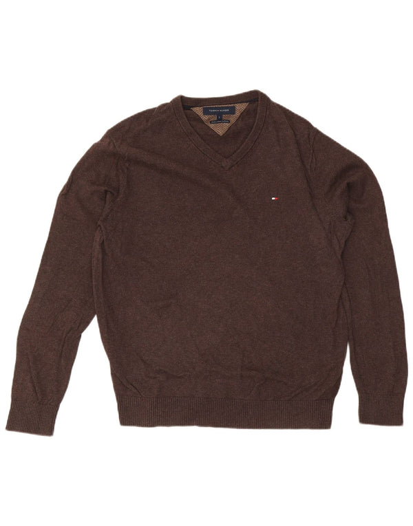 Tommy Hilfiger Mens V-Neck Jumper Sweater Small Brown Cotton