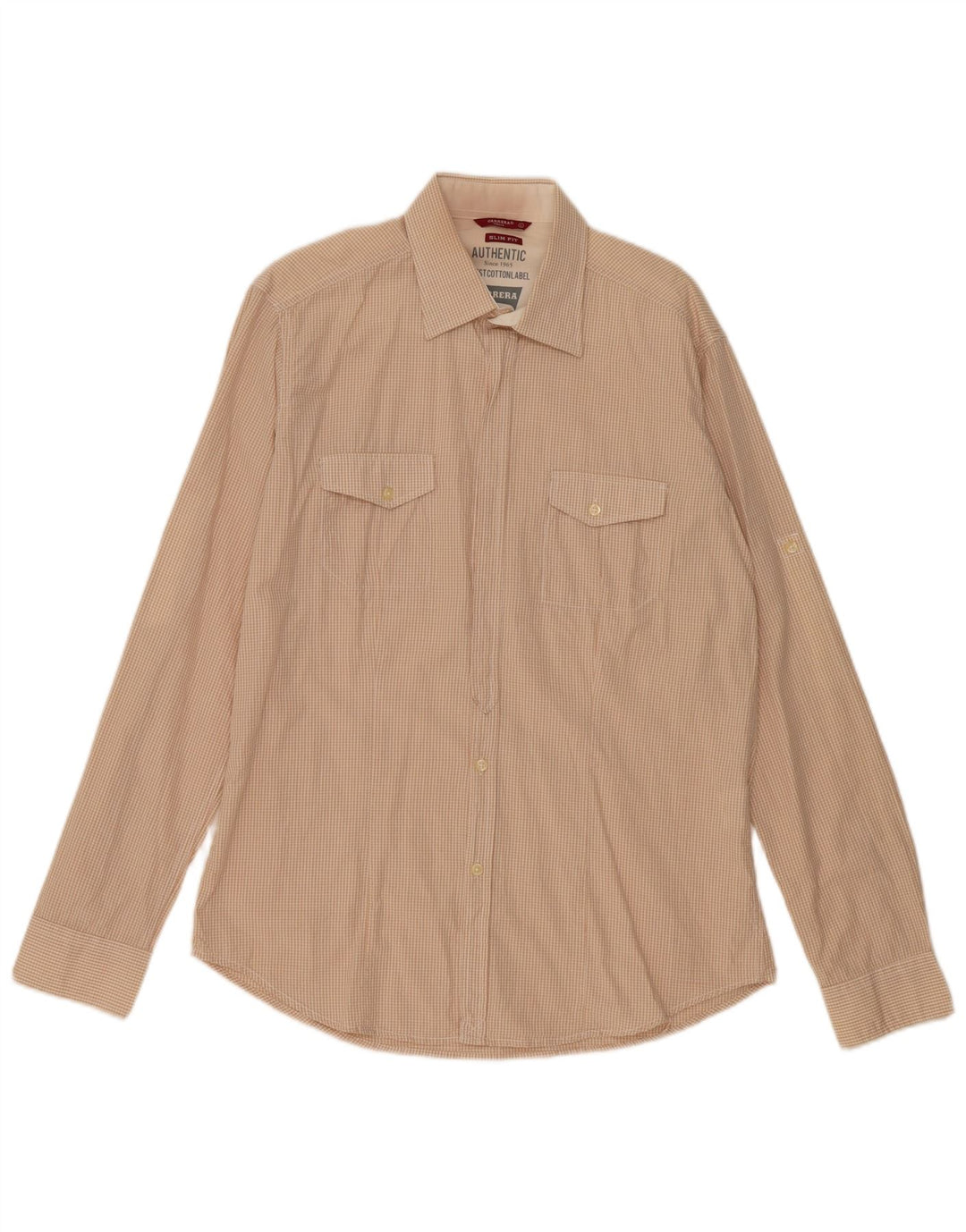 Carrera Mens Slim Fit Shirt Large Beige Gingham Cotton