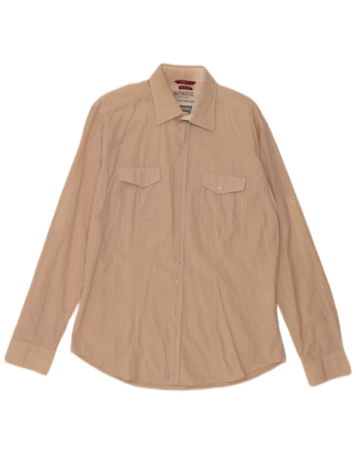 Carrera Mens Slim Fit Shirt Large Beige Gingham Cotton