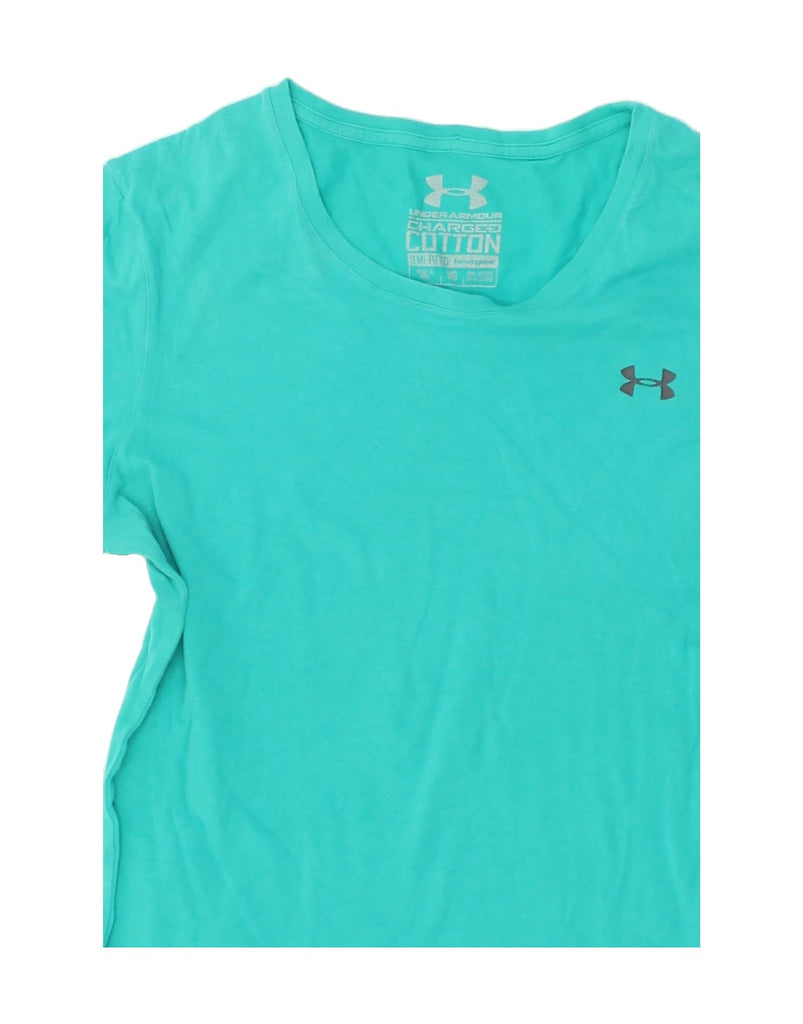 UNDER ARMOUR Womens Heat Gear T-Shirt Top UK 14 Medium Turquoise Cotton | Vintage Under Armour | Thrift | Second-Hand Under Armour | Used Clothing | Messina Hembry 