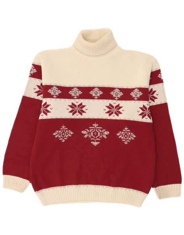Vintage Mens Loose Fit Roll Neck Jumper Sweater Small White Fair Isle