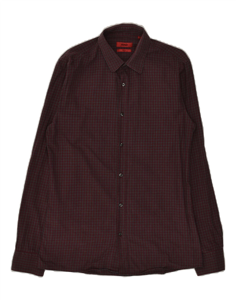 HUGO BOSS Mens Slim Fit Shirt Small Burgundy Gingham Cotton | Vintage Hugo Boss | Thrift | Second-Hand Hugo Boss | Used Clothing | Messina Hembry 