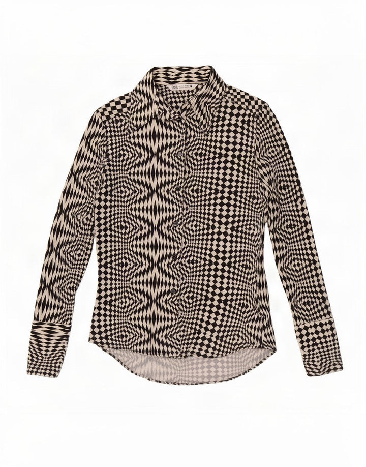 Zara Womens Shirt Blouse UK 12 Medium Black Geometric Polyester