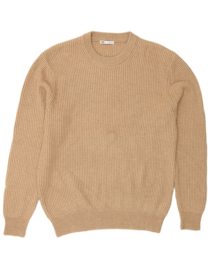 Zara Mens Crew Neck Jumper Sweater Medium Beige Polyester
