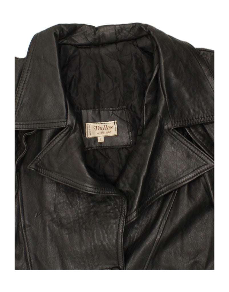 DALLAS Mens Double Breasted Leather Coat UK 40 Large Black Leather | Vintage Dallas | Thrift | Second-Hand Dallas | Used Clothing | Messina Hembry 