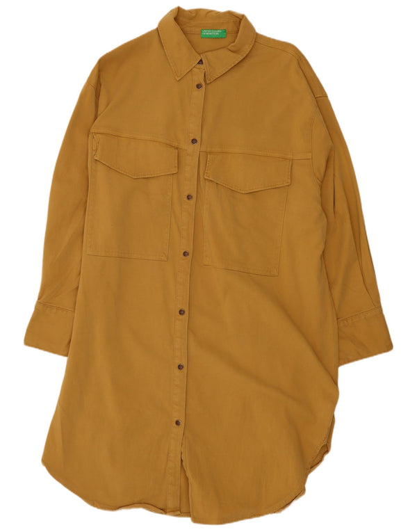 Benetton Womens Long Sleeve Oversized Shirt Dress UK 6 XS Yellow Cotton