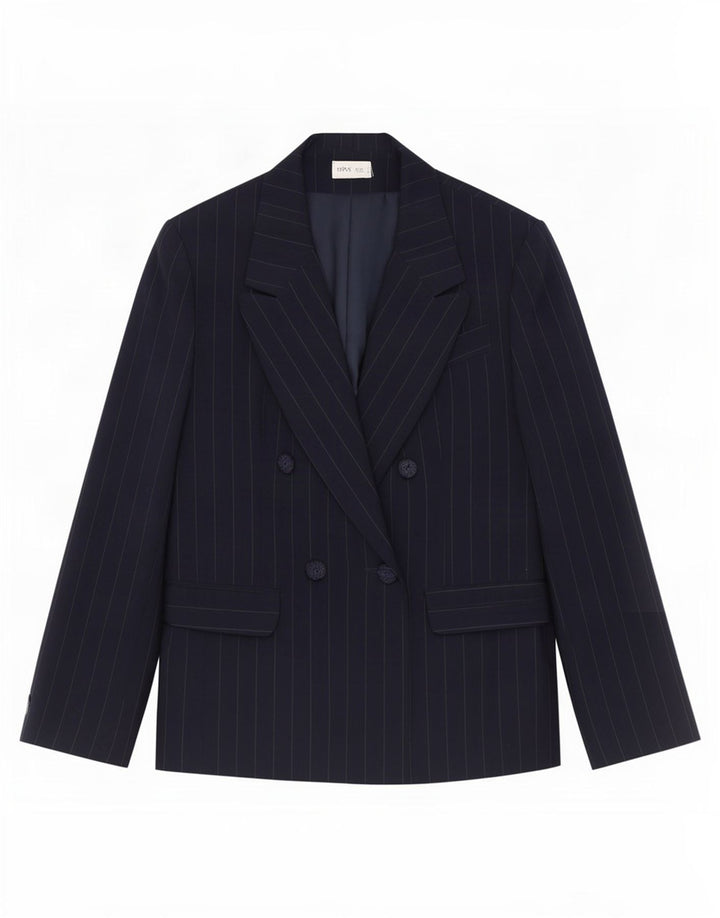 Bhs Womens Double Breasted Blazer Jacket UK 14 Large Navy Blue Pinstripe