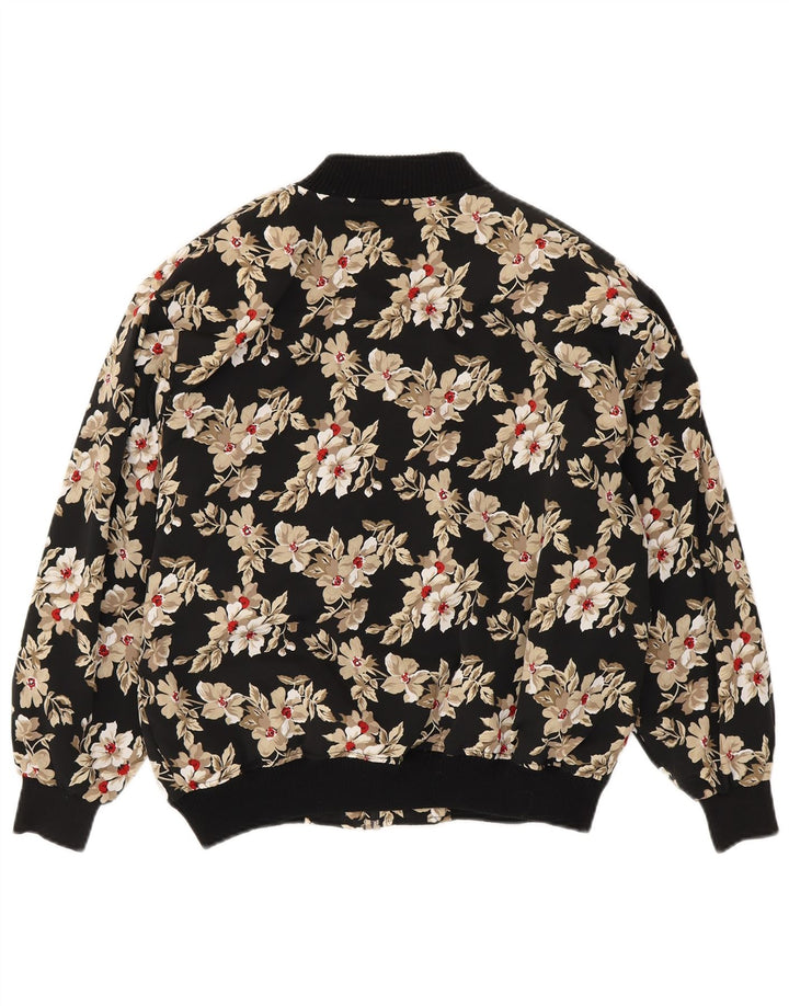 Vintage Womens Loose Fit Bomber Jacket UK 14 Medium Black Floral Polyester