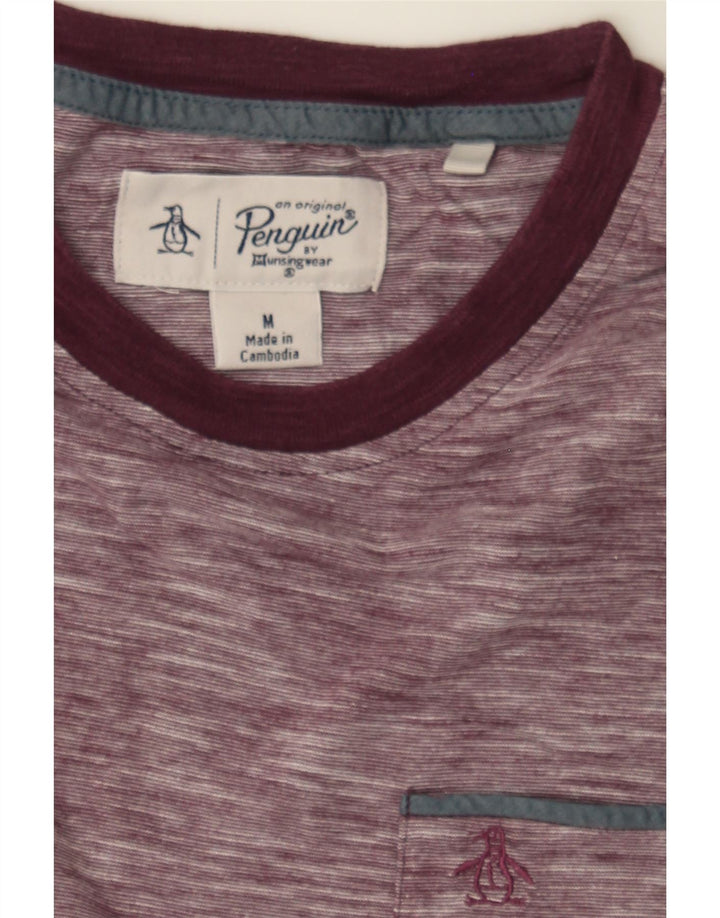 PENGUIN Mens T-Shirt Top Medium Burgundy Pinstripe Cotton Vintage Penguin and Second-Hand Penguin from Messina Hembry 
