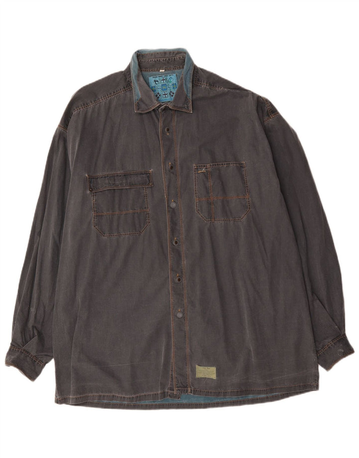 Vintage Mens Denim Shirt XL Grey Colourblock Cotton