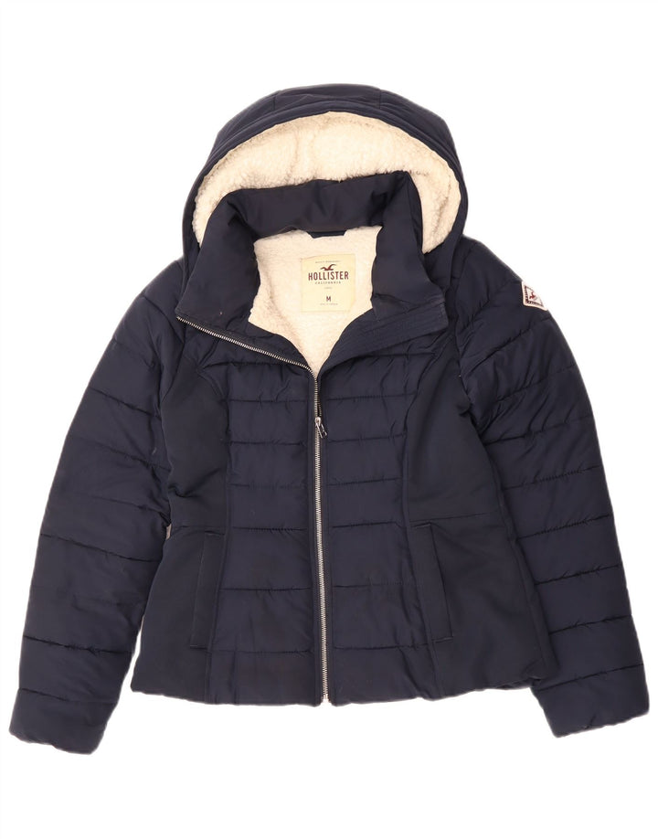 Hollister Womens Hooded Sherpa Padded Jacket UK 14 Medium Navy Blue
