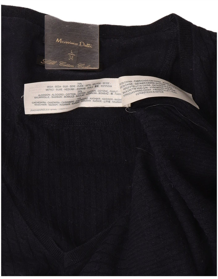Massimo Dutti Womens V-Neck Jumper Sweater UK 14 Large Navy Blue Silk