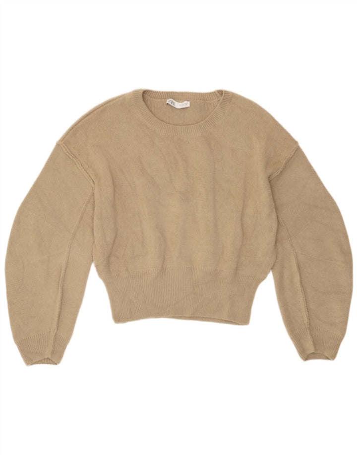 Zara Womens Loose Fit Crew Neck Jumper Sweater UK 14 Medium Beige Polyester