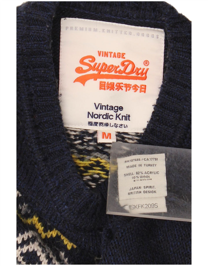 Superdry Mens Crew Neck Jumper Sweater Medium Navy Blue Fair Isle Acrylic