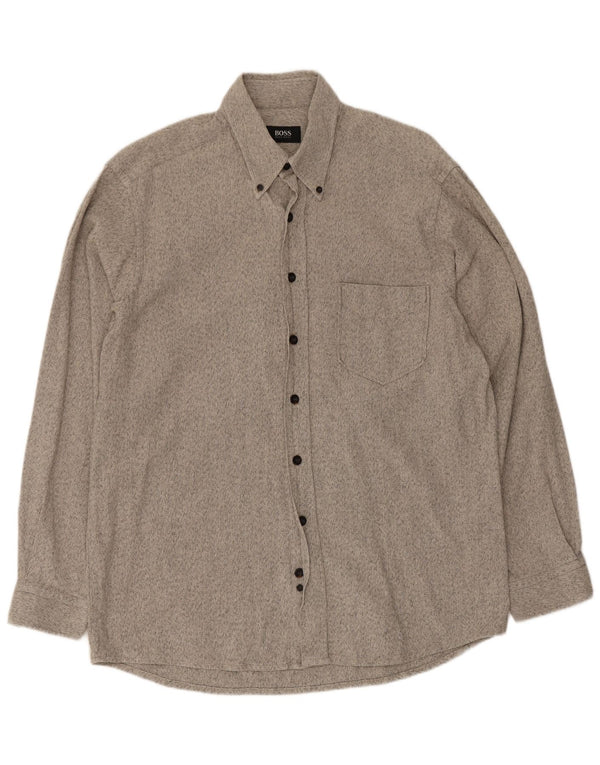 Hugo Boss Mens Flannel Shirt Large Grey Flecked Cotton