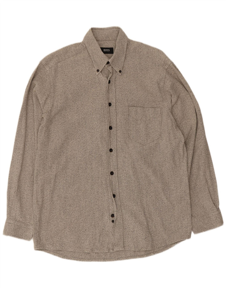 Hugo Boss Mens Flannel Shirt Large Grey Flecked Cotton