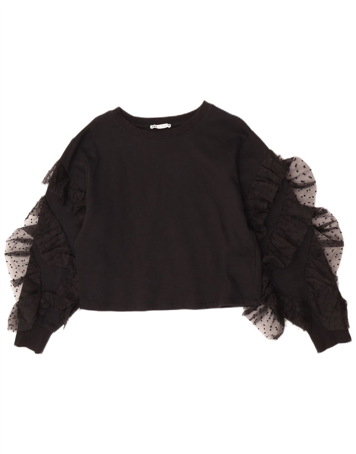 Zara Womens Crop Top Long Sleeve UK 10 Small Black Cotton