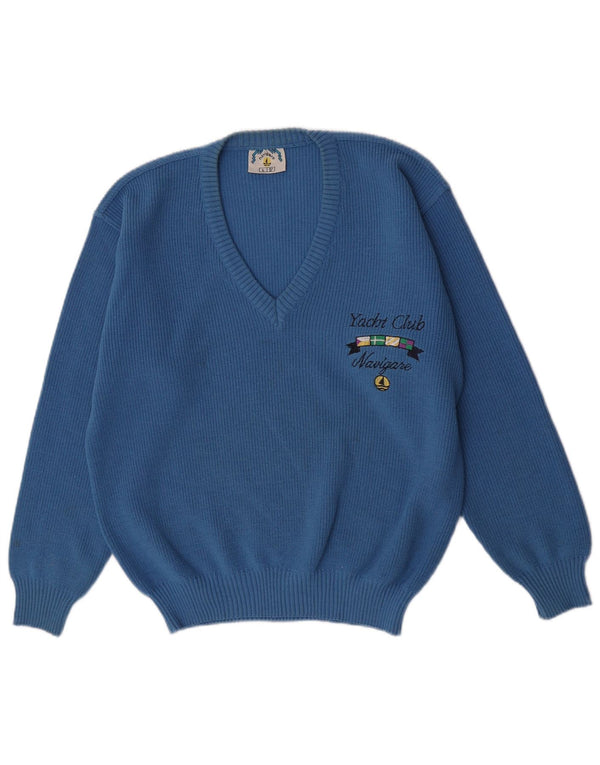 Navigare Mens Yachting Graphic V-Neck Jumper Sweater Large Blue Wool