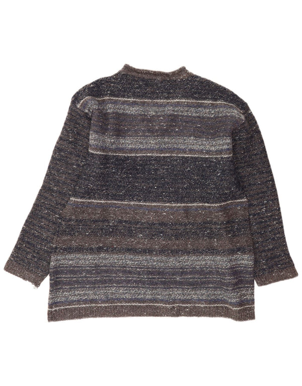 Vintage Mens V-Neck Jumper Sweater Medium Grey Striped